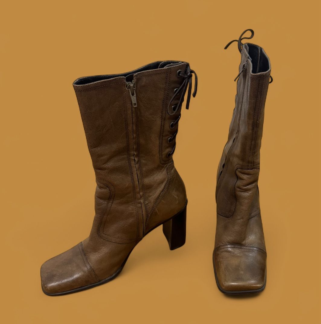 Nine West Size 8.5 Y2K Brown Tan Lace-Up Brown Leather Heeled Square Toe Boots