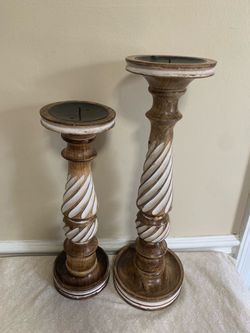 The Wooden Town Rustic Wood Pillar Candle Holders Set of 2 Swirl Carved 18" 15"