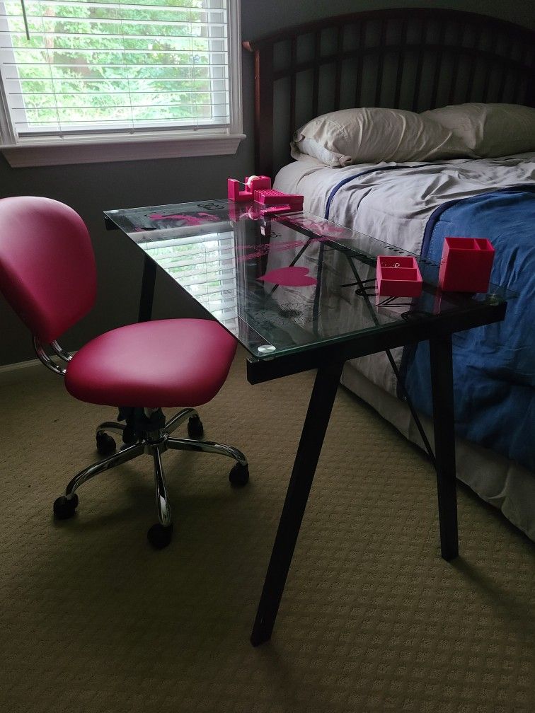 Glass Top Desk, Chair, & Accessories
