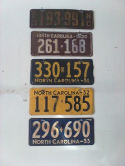Vintage North Carolina license plates 1928 through 1933
