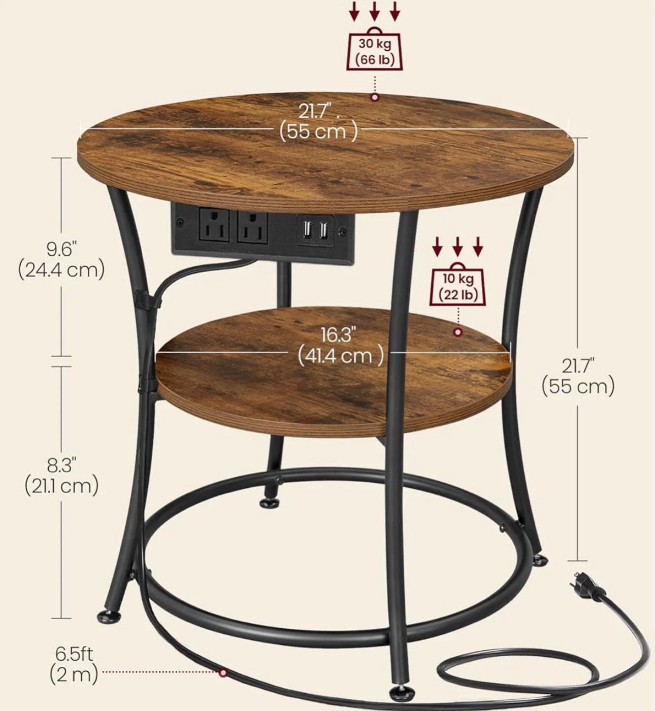 VASAGLE 2-Tier Round End Table with Power Outlets Nightstand with Steel Frame - Rustic Brown