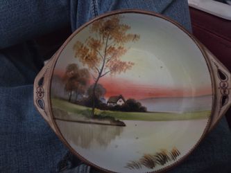 Antique Nippon Porcelain Hand Painted Landscape 7 in Bowl With Handles