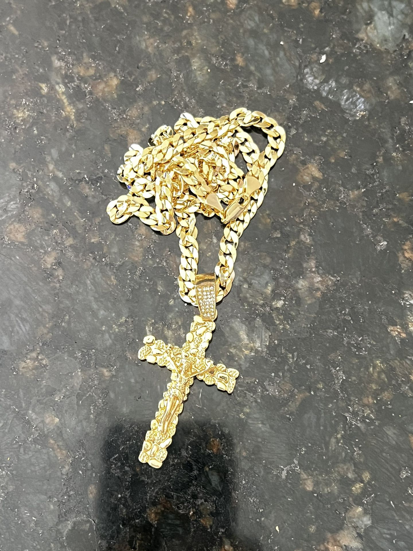 14k Gold And Silver Cuban Chain And Cross Nugget  Pendant 