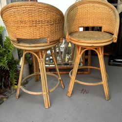  2 Natural Bamboo Rattan Barstools