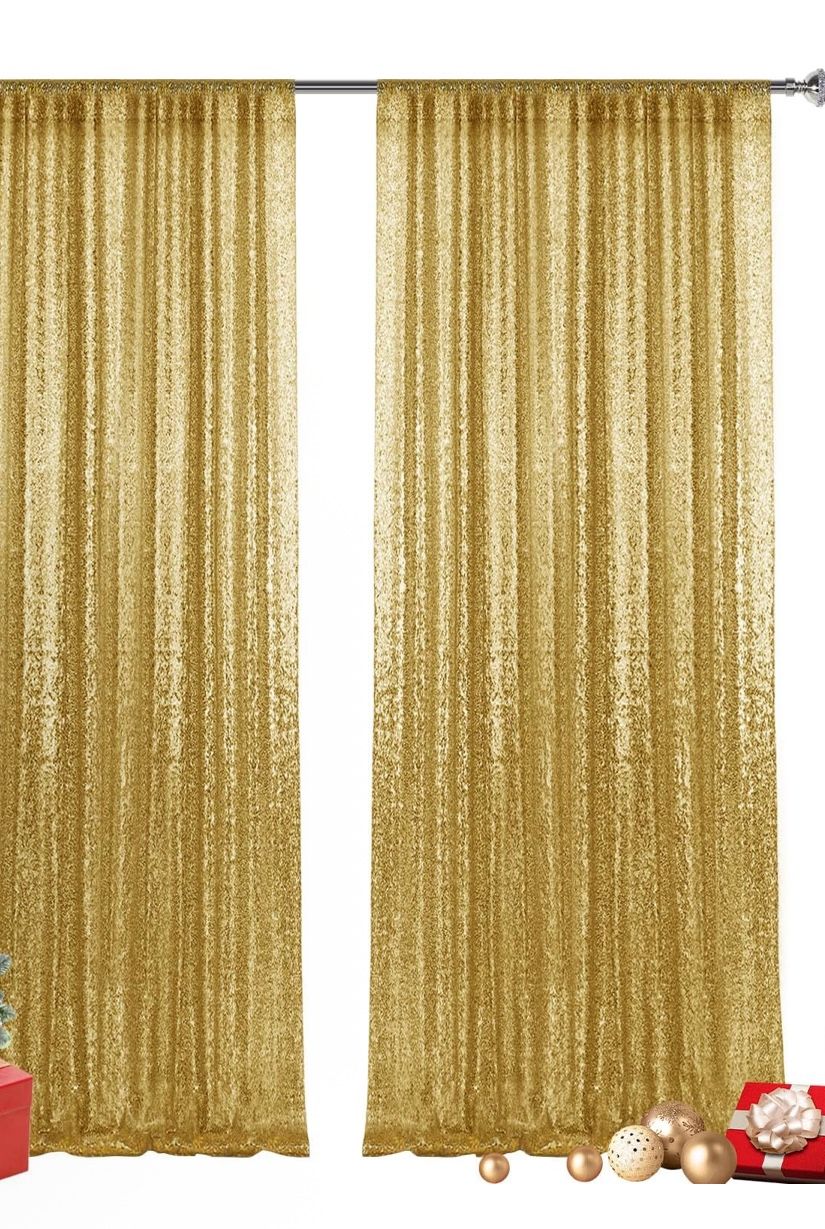 Set Of Gold Glitter Curtains Panel Size 24” By 8 Ft (X 2 )