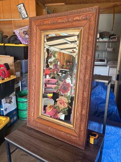 Vintage Hand-Painted Floral Mirror with Carved Wood Frame