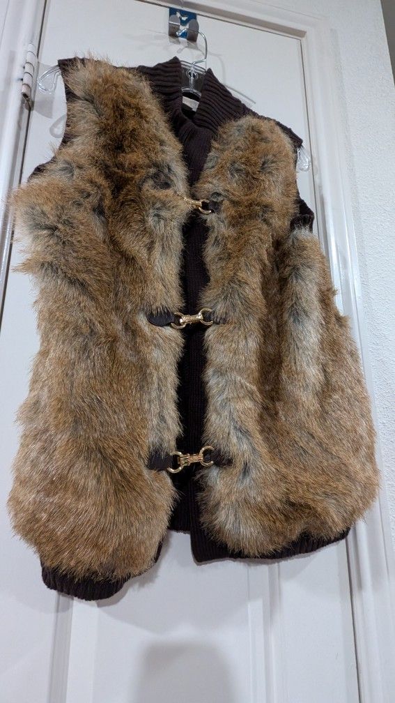 Michael Kors Faux Fur Vest Sweater, chocolate Brown with Gold Buckle Closures.
women's Size M
