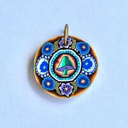 🍄 Psychedelic colorful mushroom with flowers two sided circle art pendant
