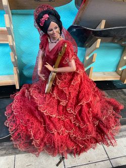 Vintage Spanish Flamenco Dancer Doll w/ Guitar – Large Red Lace Dress