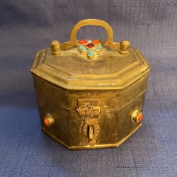 Beautiful Antique Brass Trinket Box With Turquoise And Coral Stones 