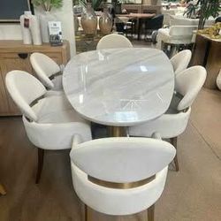 5 pc Contemporary White/ Matte Gold Dining Table Set!