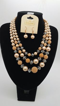 Champagne Gold Pearl Multi-Strand Necklace & Earrings Set