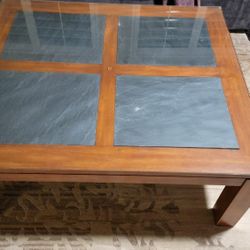 Set Of 3 Cherry Slate Glass Top Coffee Table Side Tables