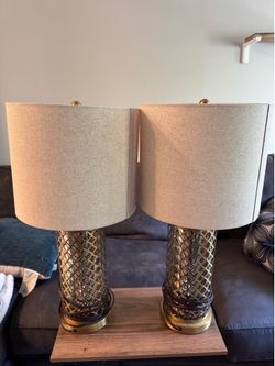 Set of 2 Gold Lattice Mercury Glass Table Lamps w/ Linen Shades – Designer Style