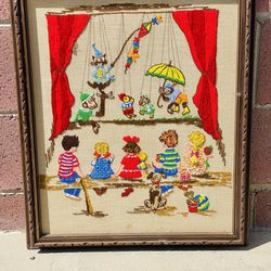 Large Vintage Crewel Puppet Show Wall Art 1977