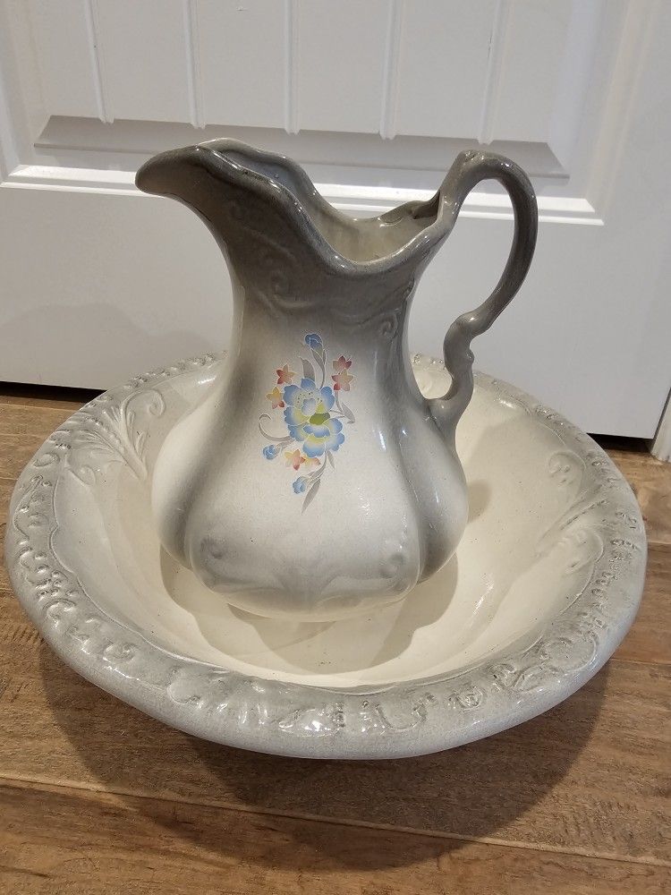 Ironstone Pottery Blue Bowl And Pitcher 13" H