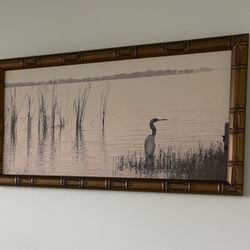 Framed Heron Marsh Landscape