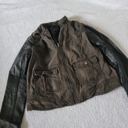 American Eagle Faux Leather Sleeves Denim Moto Jacket Women's Size Medium