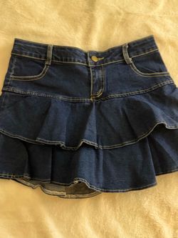 Navy blue denim mini skirt with ruffles