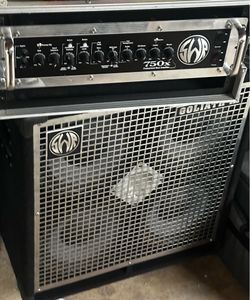 SWR 750X Professional Bass Amplifier paired with an SWR Goliath cabinet. This rig hits HARD, super clean tone, and plenty of headroom for live shows, 