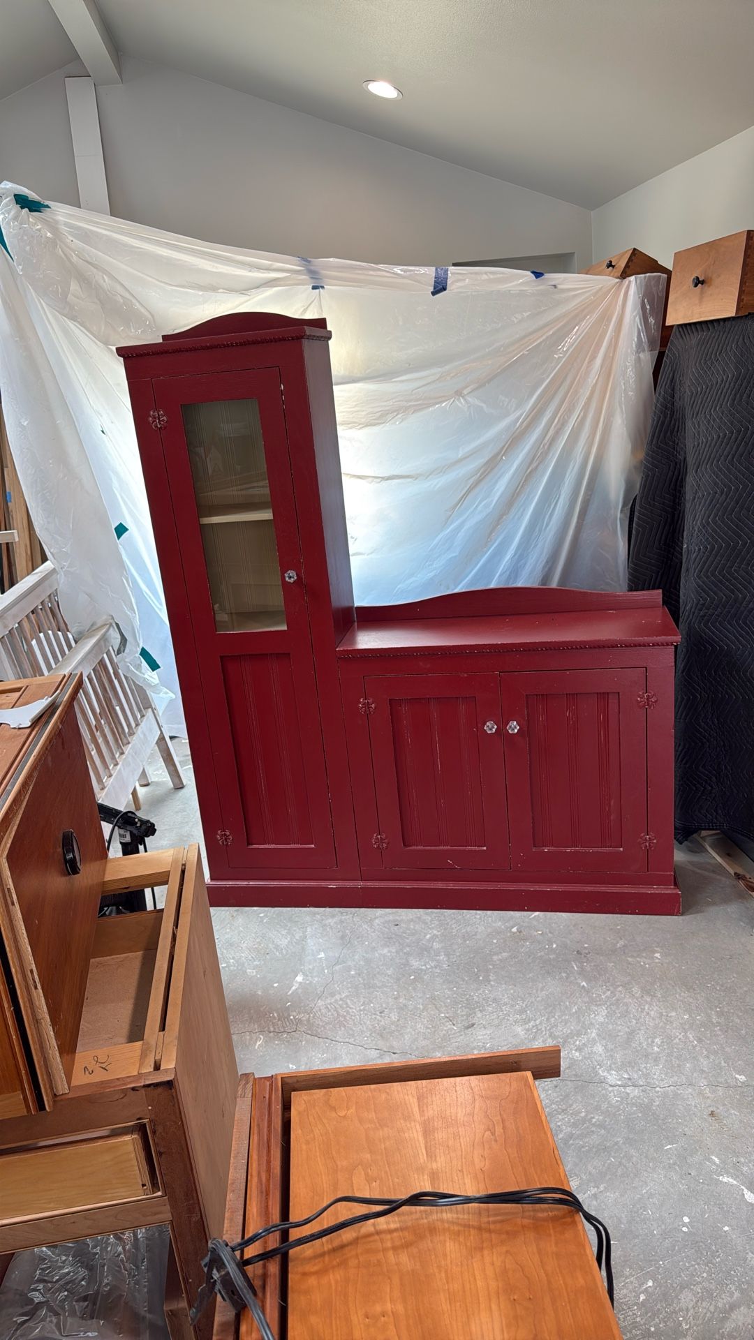 Vintage Distressed Red Bathroom Cabinet And Mirror