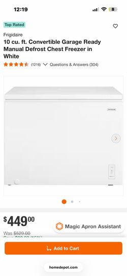 FRIGIDAIRE 10 Cubic Foot Chest Freezer, 10 Cu Ft, White