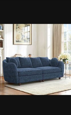 90" Blue Chenille Sofa - Modern Couch with Throw Pillows