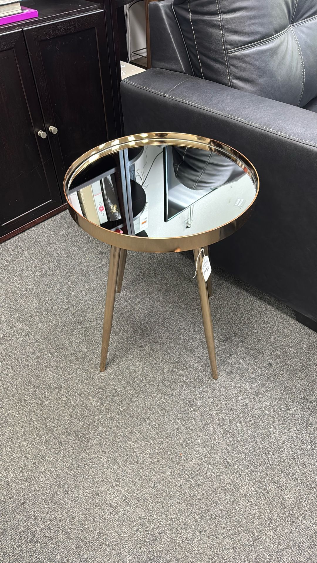 Round Mirror Top End Side Table Copper