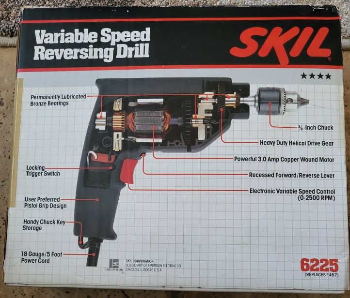 Skil #6225 Variable Speed Reversing Drill, 3/8" HD, New In Box