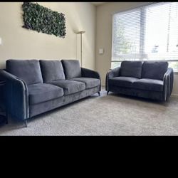 Hathaway Gray Velvet Fabric Sofa Loveseat Living Room Set - 3 + 2 Seater
