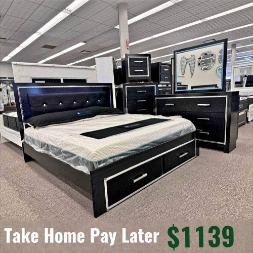 "The Nobility of Black Meets LED Glow – Bedroom Set with Storage"