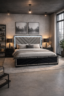 Bella Esprit Celina Silver King Bed -  Mirrored Trim Wood Bed with LED Lights Silver/Black footboard