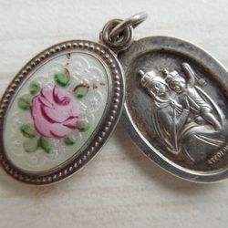 Rare HTF Catholic Sterling Silver Metal Sliding Double Medal Pendant