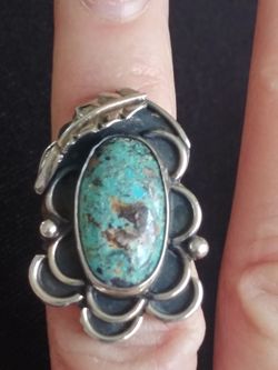 VTG.STERLING SILVER 925~ SOUTHWESTERN TURQUOISE & LEAF RING~ SZ4.75