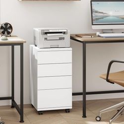 4-Drawer Chest, Wood Storage Cabinet with Wheels, Rolling Pedestal Under Desk Drawer for Home Office Legal/Letter/A4 Size White