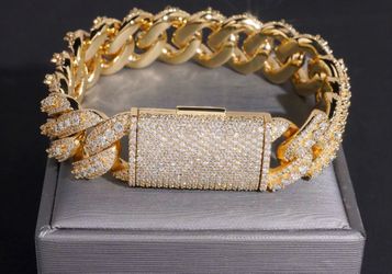 Pulsera cubana Moissanita VVS de 18 mm con puntero elevado chapada en oro sobre latón y cobre con certificado GRA, pasa prueba diamante 💎