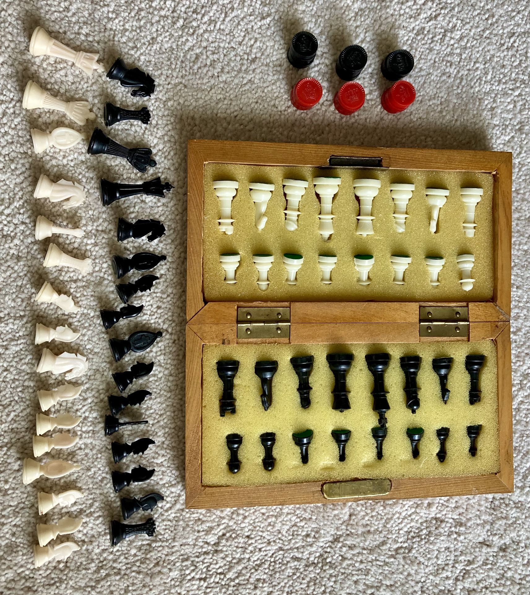 Vintage 1970’s Wooden Magnetic Folding Travel Chess And Checkers Set.