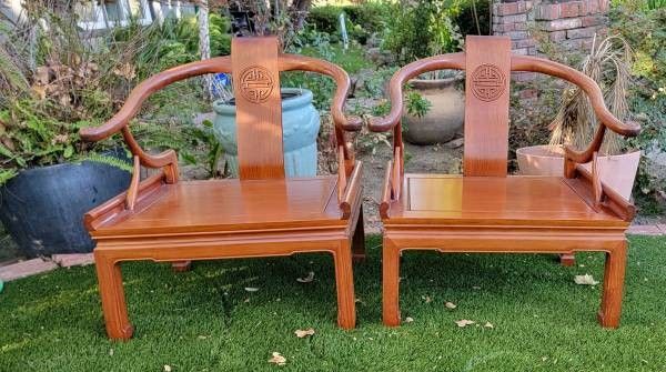 Vintage Oriental Teakwood Yoke Back Low Chairs Pair Maybe Designed By George Zee