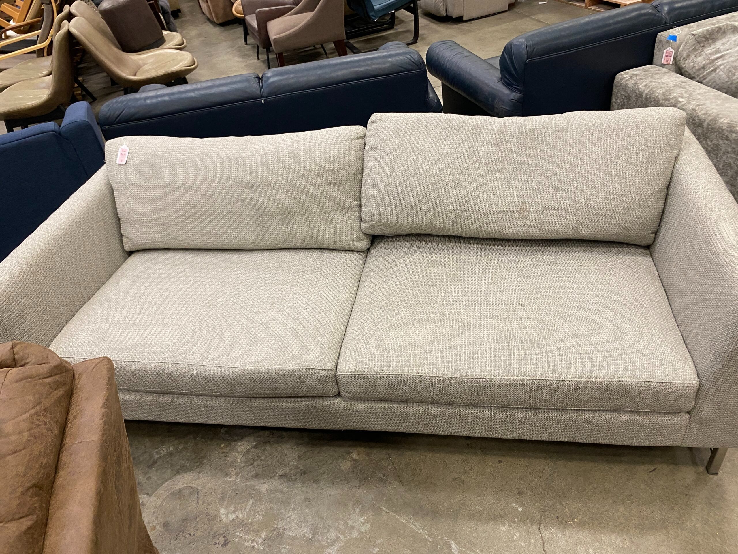 CRATE & BARREL Grey Tweed Tyson Sofa with Square Arm and Metal Base