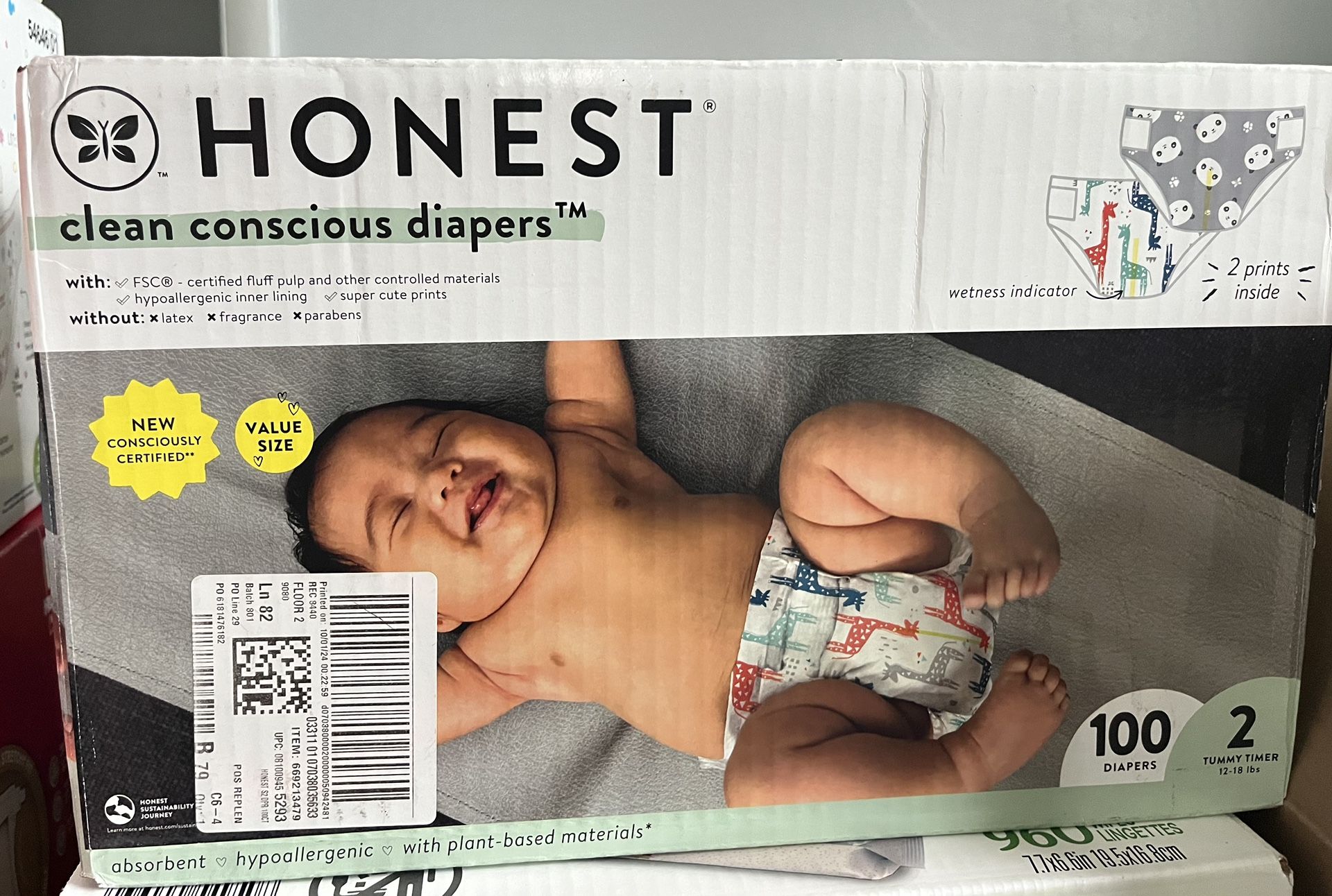 Honest® Clean Conscious Baby Diapers Size 2 (12-18 lbs), Hypoallergenic and Fragrance Free, 100 Count