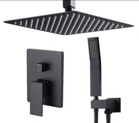 Matte Black Ceiling Mount Shower System 2-Spray Patterns 1.8 GPM Dual Heads Anti Scalding