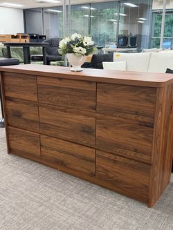 55” Walnut 9-Drawer Dresser✨Modern Curved Design Drawer Dresser For Bedroom, Curved Edge Design Modern Dressers & Chest Of Drawers, 55" Wide Nursery D