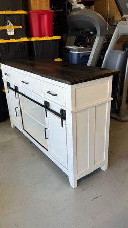 Large Farmhouse Kitchen Island – White Storage Cabinet – Dark Wood Countertop