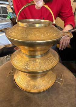 Vintage Moroccan Hand-Engraved Brass Tiered Serving Dish