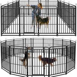 G-Dog Fence Outdoor 16 Piece Panels 47" Height, Square Steel Pipe with Reinforced Crossbars, Anti-Rust Heavy Duty Dog Playpen with Doors Portable for 