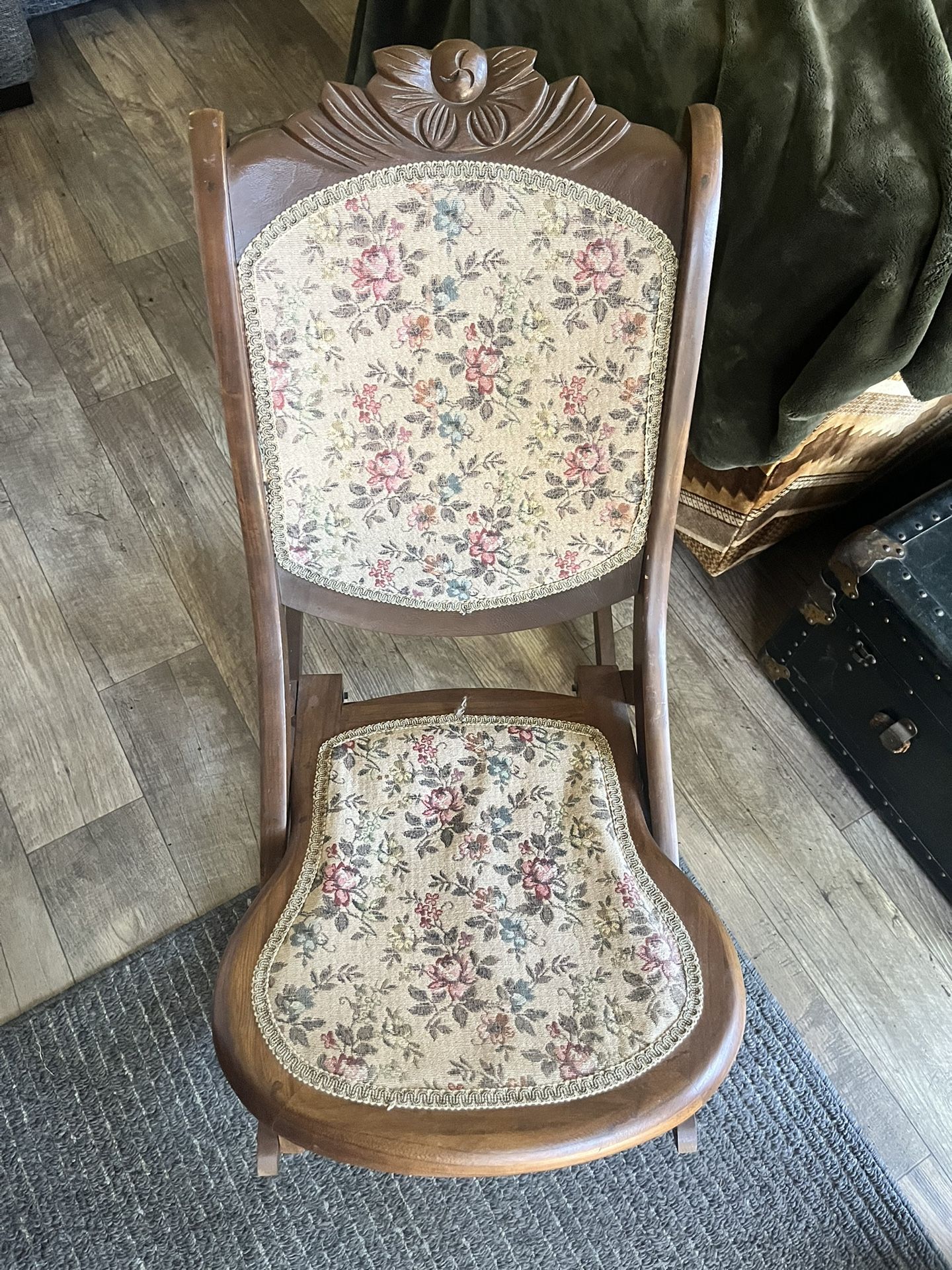 Victorian Folding Rocking/Sewing Chair – Carved Wood & Original Floral Tapestry
