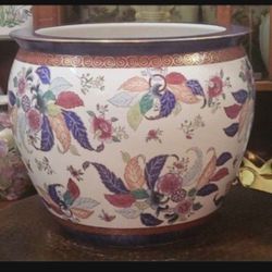 12" x 16"   Vintage Porcelain Chinese Tobacco Leaf Design Fish Bowl Planter