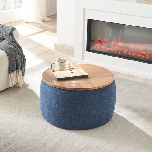 NEW Navy Round Storage Ottoman, 2 in 1 Function, Work as End table and Ottoman (25.5″x25.5″x14.5″)