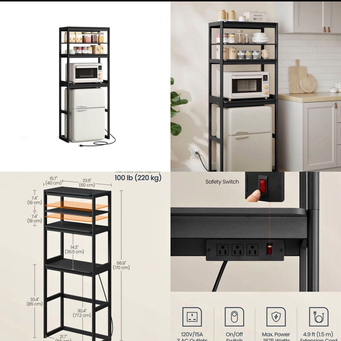 SONGMICS HOME Kitchen Bakers Rack with Power Outlet 
