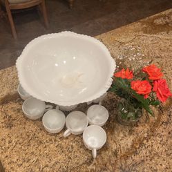 Milk Glass Punch Bowl And Cups 